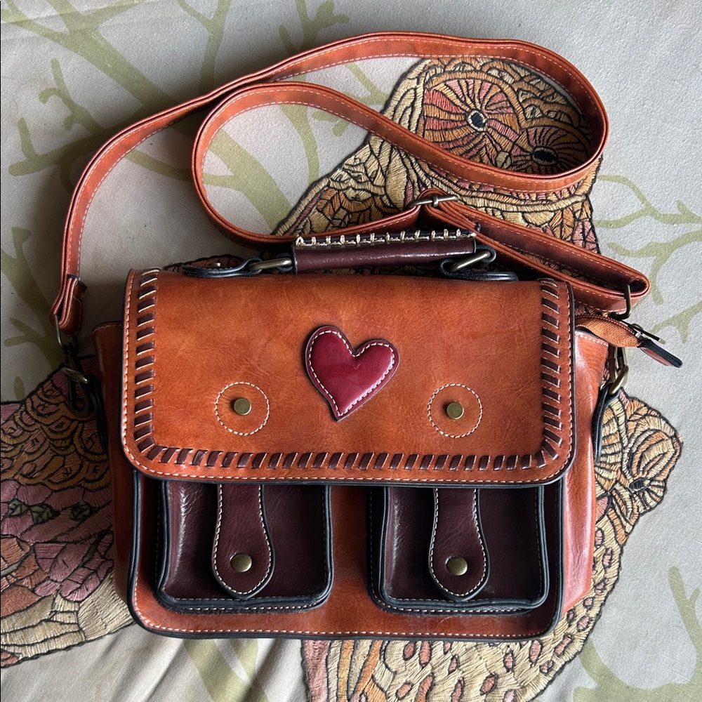 Heart Accent Faux Leather Shoulder Bag - Tan, Brown and Red - Picture 5 of 7